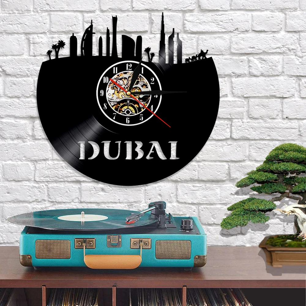 Современный дизайн виниловые настенные часы Дубай городской пейзаж Искусство