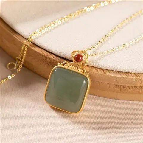 

Original S925 Sterling Silver Golden Hetian Jade Real Jade Pendant Real Silver Gift Temperament Ladies Clavicle Chain Set Chain