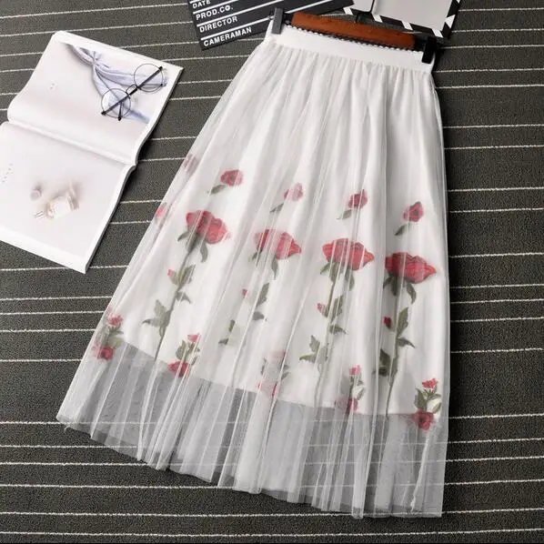 Женская Формальная винтажная длинная юбка черная белая Цветочная сетка вышивка