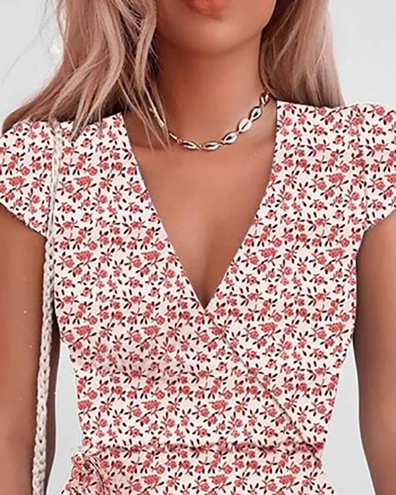 

Femme Robe Summer Women V-neck Floral Short Sleeve Mini Party Dress Elegant Bodycon Boho Casual Sexy Dress Femme Robe Vestidos