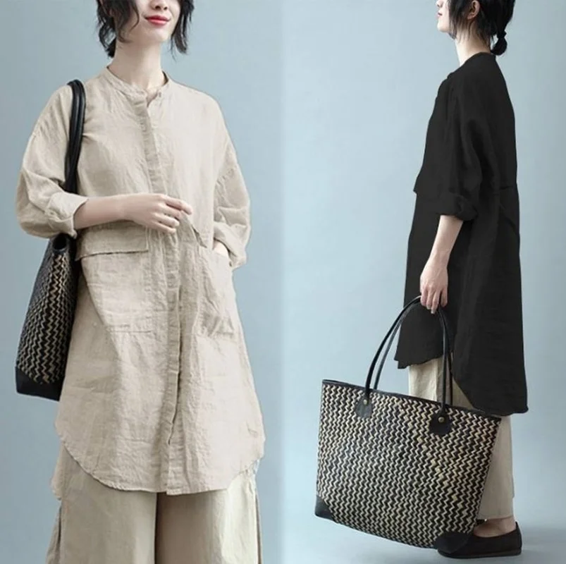 

Блузка женская из хлопка и льна, Повседневная рубашка в стиле ретро, с воротником-стойкой и длинным рукавом, на пуговицах, стильный Топ