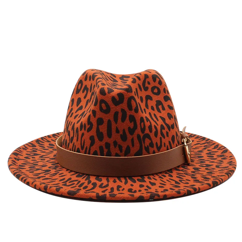Seioum Unisex Flat Brim Wool Felt Jazz Fedora Hats Men Women Leopard Grain Leather Band Decor Trilby Panama Formal Hats