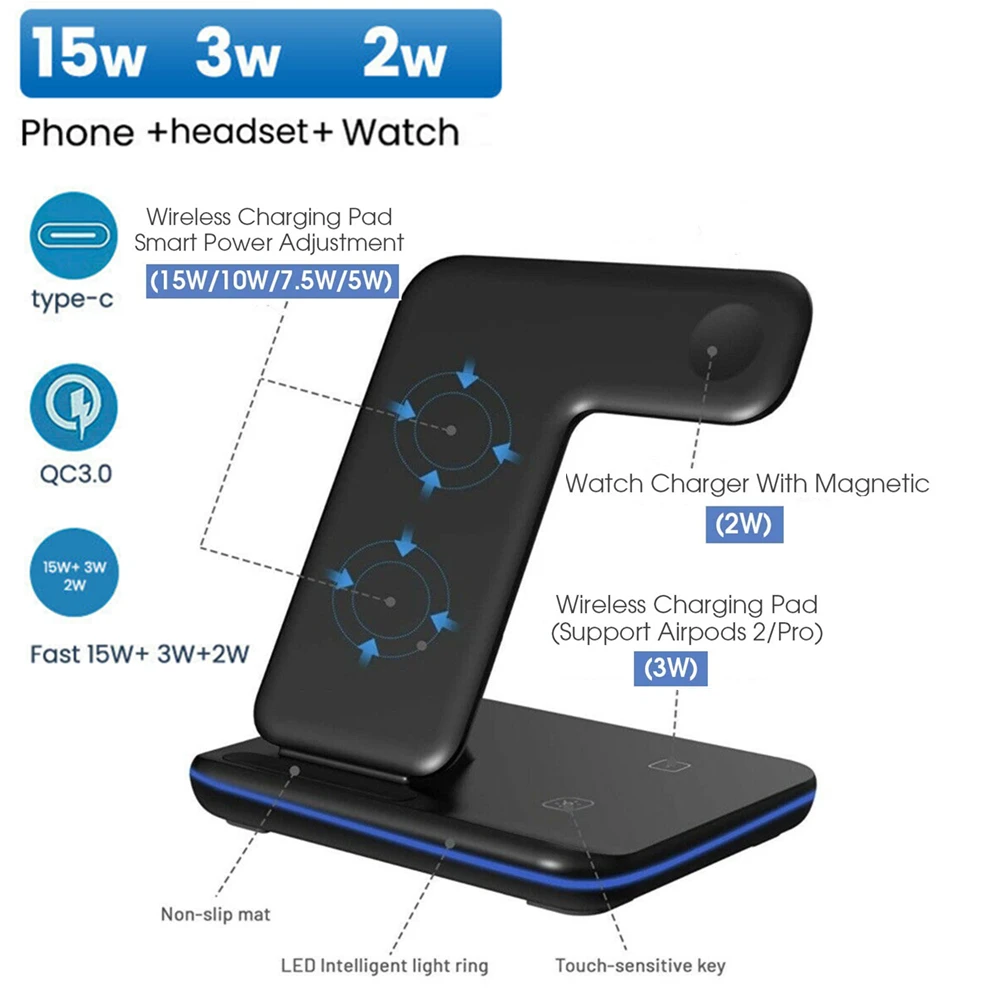 15W 3 in 1 Qi Wireless Charger Stand for iPhone 14 13 12 11 XS XR X 8 AirPods Pro Charging Dock Station For Apple Watch iWatch 7