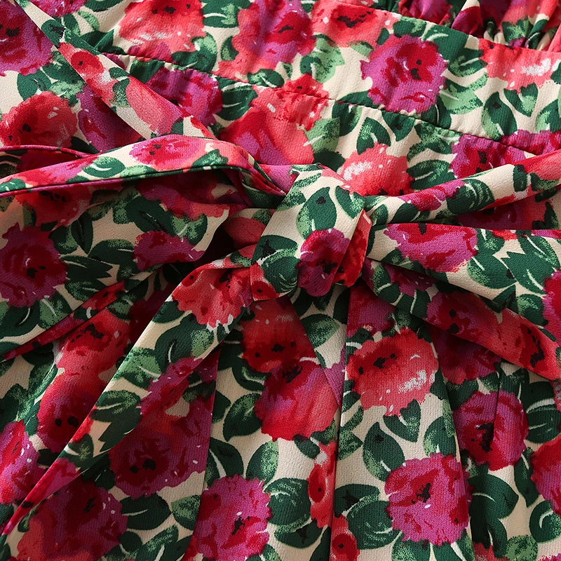 

ladie's streetwear Ladies Vintage Floral Dress V-neck Puff Sleeve Waist Dress Printed Sweet Dress