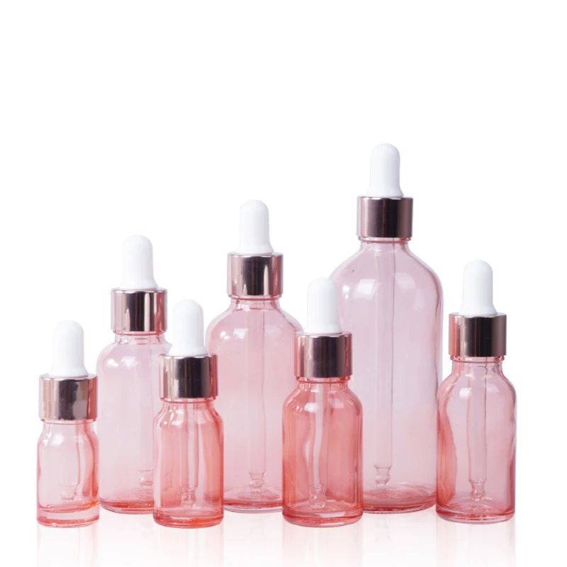 5ml 10ml 15ml 20ml 30ml 50ml 100ml multi-szie glass pink dropper bottle essential oil bottle pink body rose gold lid cosmetic su