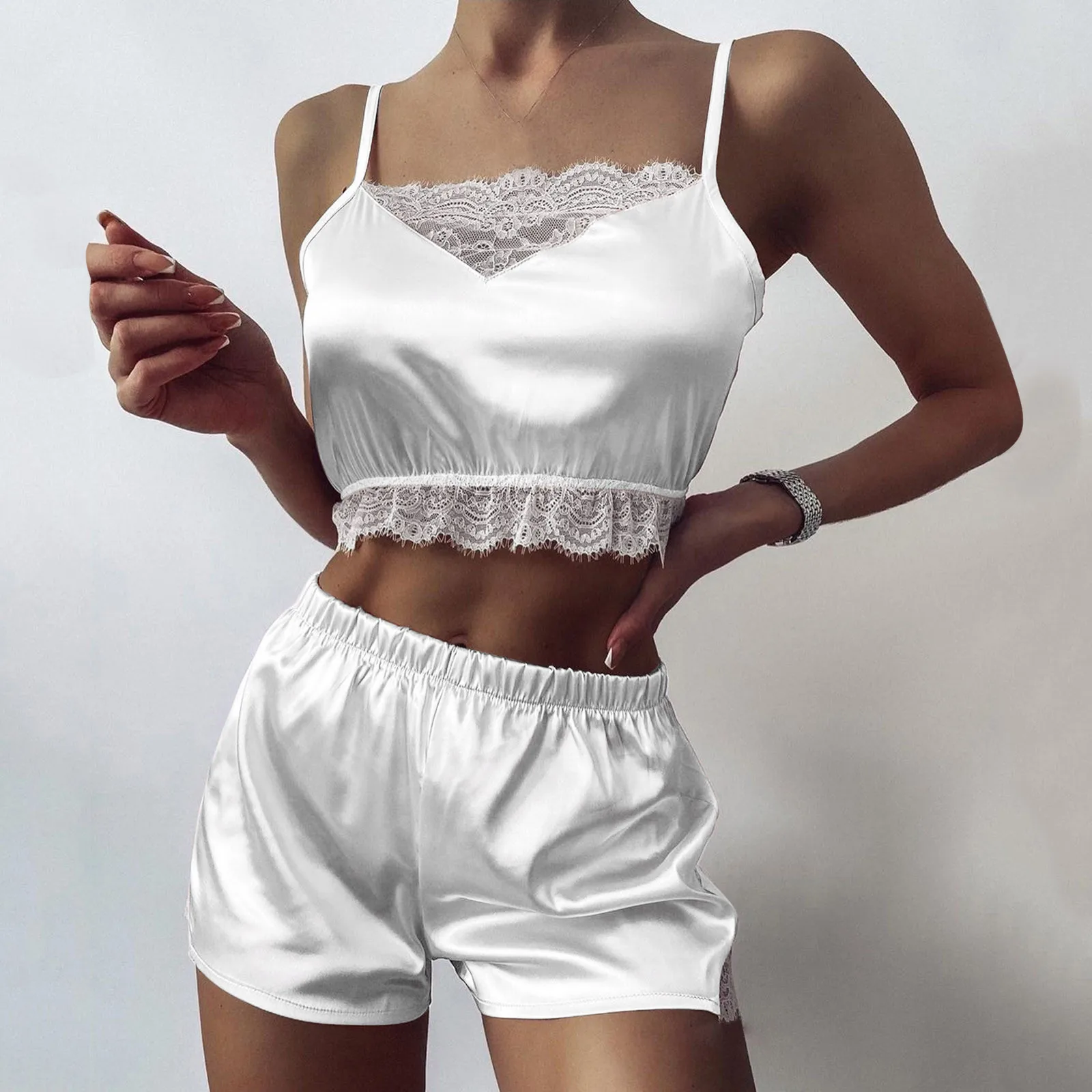 

Sexy-Lingerie Femme Satin Silk Lace Camisole Pajamas Womens Erotic Underwear Sleepwear Sets Underwear Nightwear