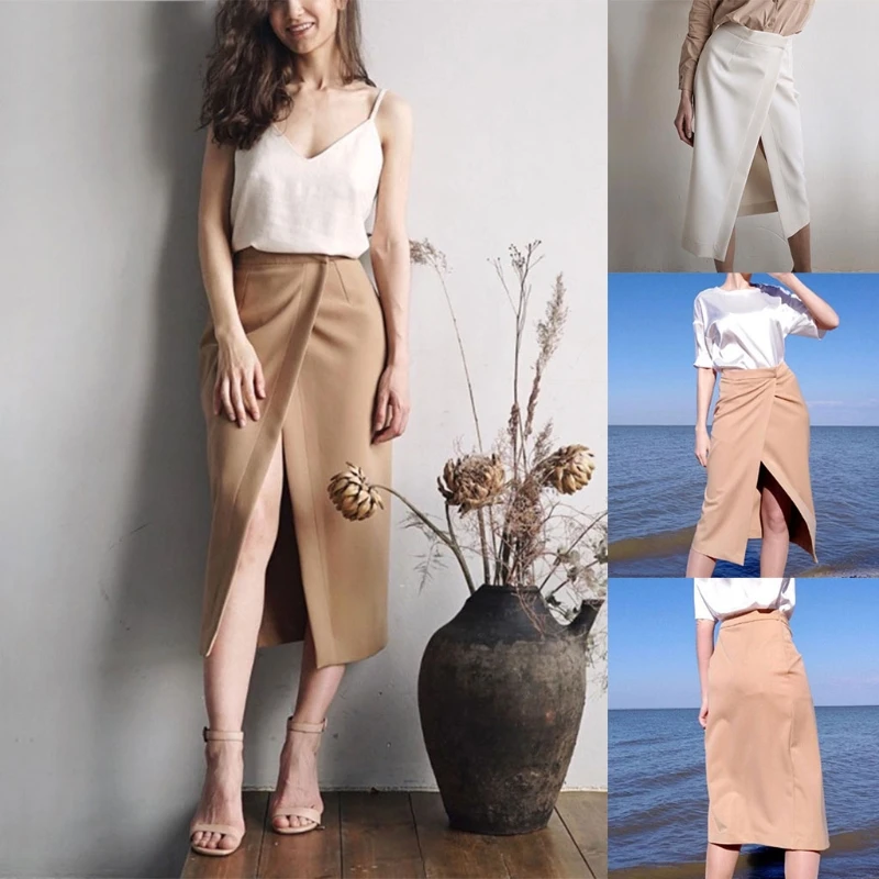 

Women Office Lady High Waist Sexy Irregular Wrap Front Split Midi Long Skirt M89E