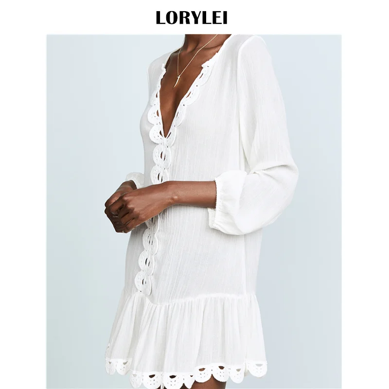 Женское пляжное платье парео белое хлопковое туника с волнистыми краями и