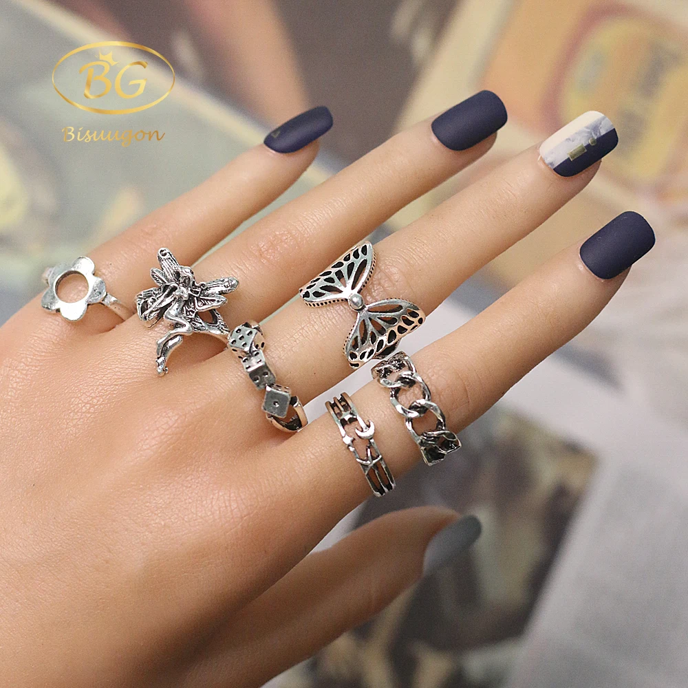 

Bisuugon B18 Vintage Silver Finger Women Ring Emo Dark Souls Gothic Loki Men Couple Rings Set Jewelry 2021 Trend for Party Gift