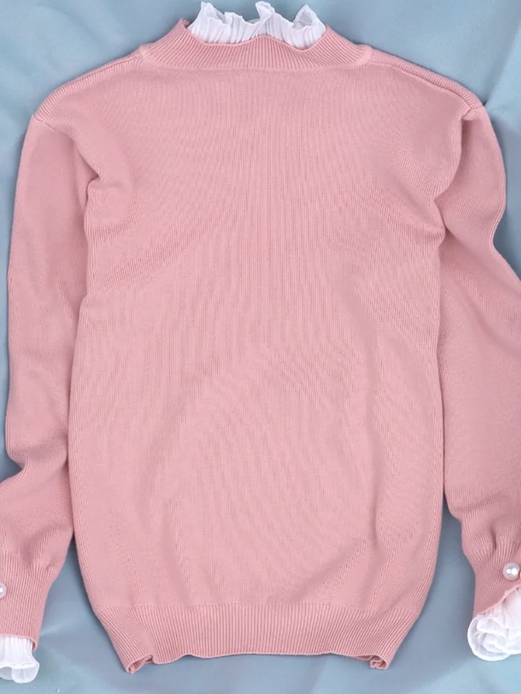 Pearl Knitted Women Sweaters and Pullovers Ruffles Lace Patchwork Solid Lantern Sleeved Lady Elegant Pulls Fashion Outwear Tops | Женская