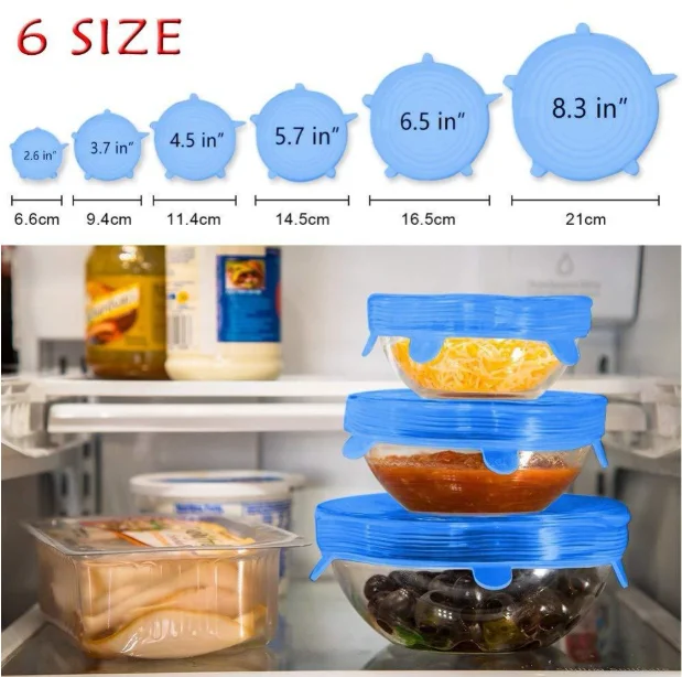 

6 Pcs/ Set Universal Silicone Cover Fresh Keeping Stretch Lids Caps For Food Pot Dish Kitchen Accessories