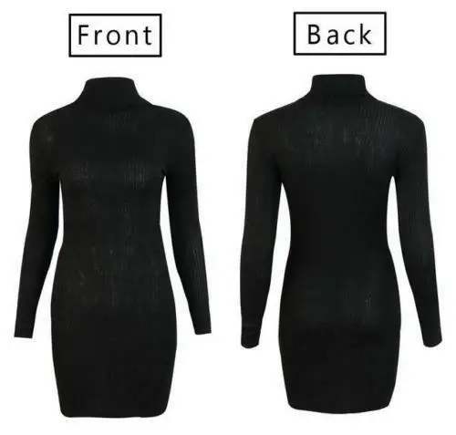 Elegant Women High Neck Slim Knitted Solid Mini Dresses Fashion Basic Long Sleeve Winter Autumn Warm Sweater Bodycon | Женская одежда