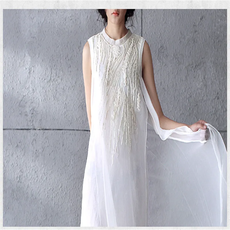 

Women Dress Elegant Summer Sleeveless Print Embroidery Vintage Robe White Beach Dresses and Party Cotton Maxi Dress Plus Size