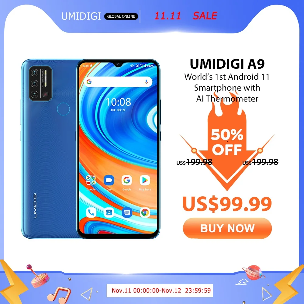 UMIDIGI A9 Android 11 Global Version Smartphone Helio G25 Octa Core 3GB+64GB 6.53"13MP AI Triple Camera HD+ 5150mAh Cellphone