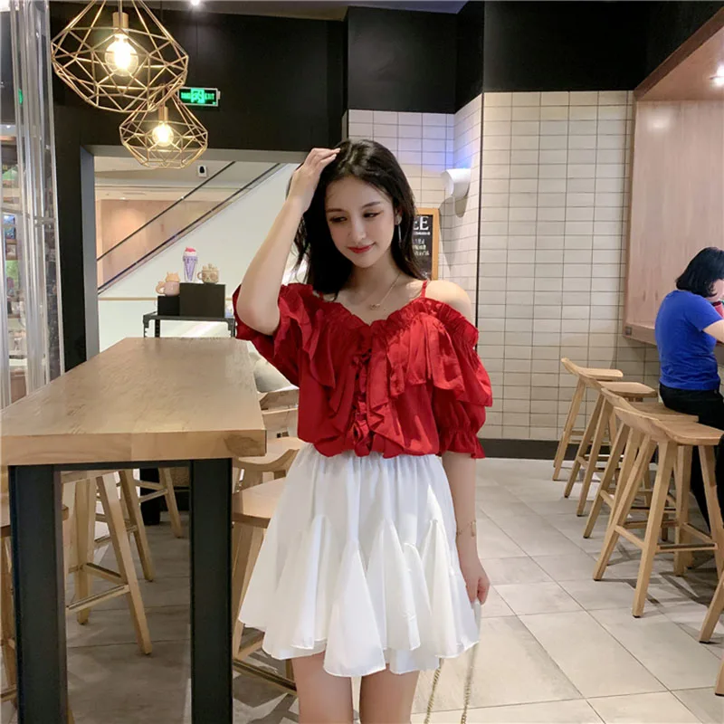 

Lucyever Summer Ruffles Off Shoulder Chiffon Shirt Women 2021 Casual Flare Short Sleeve Blouse Woman Korean Spaghetti Strap Tops