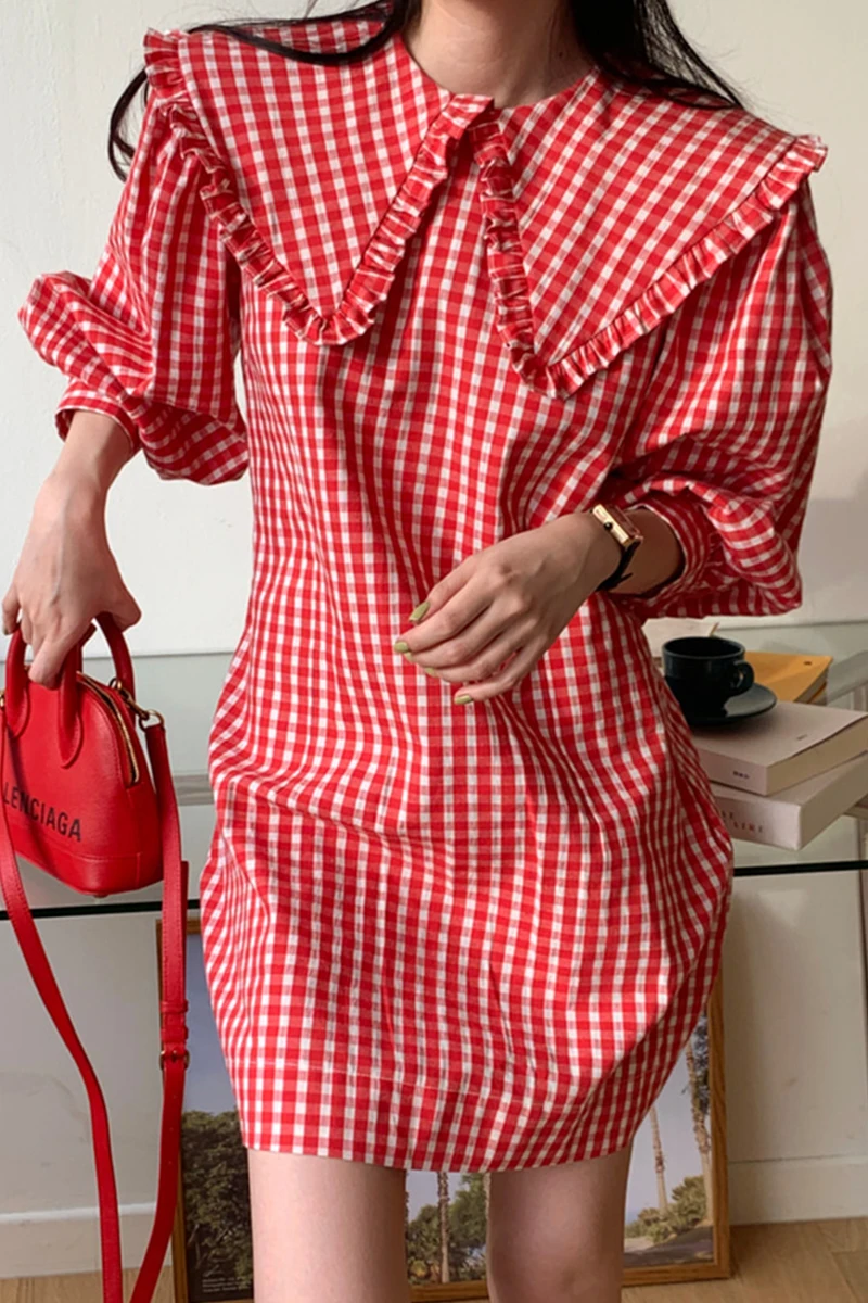 

Korea spring sweet ruffles doll collar retro dress female loose puff sleeve plaid mini dress female vestido Vintage A-Line dress