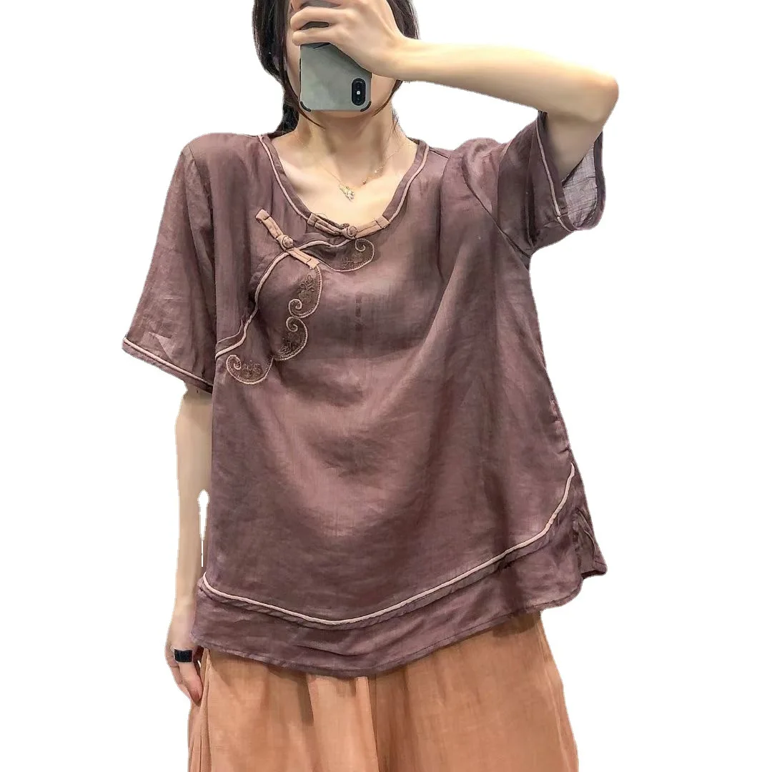 

Chinese style retro embroidery summer blouse women's floral slimming blouse short-sleeved women's short-sleeved casual shirt