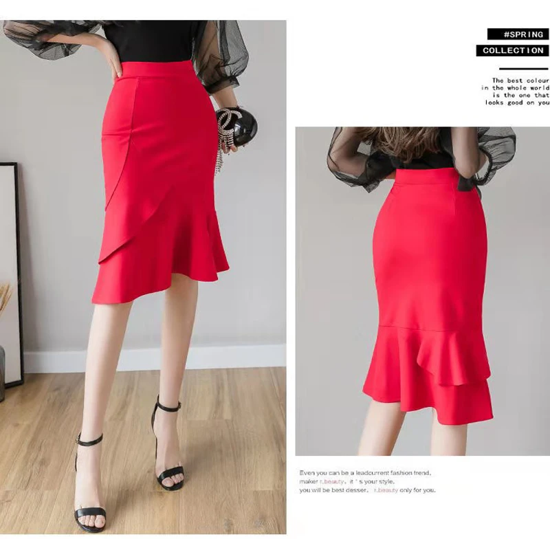 

New Women High Waist Midi Skirts Plus Size Ruffles Office OL Skirt Fashion Package Hip Mermaid Skirts Womens