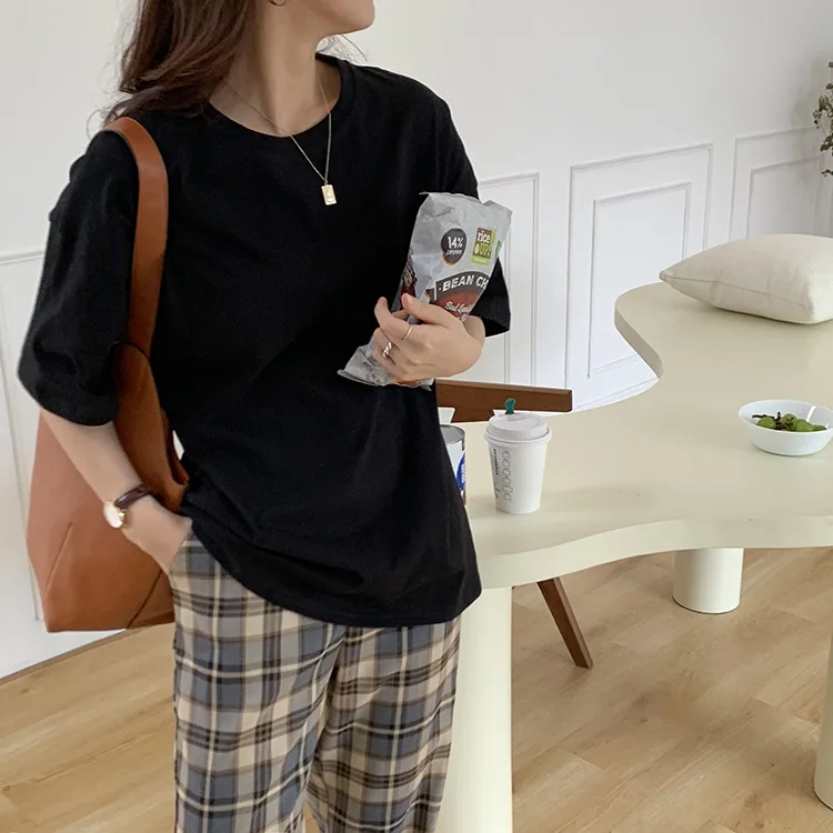 

Basic Style Solid Color round Neck Short Sleeves T-shirt Women's 2021 Summer Loose Inner Wear Bottoming Shirt Top