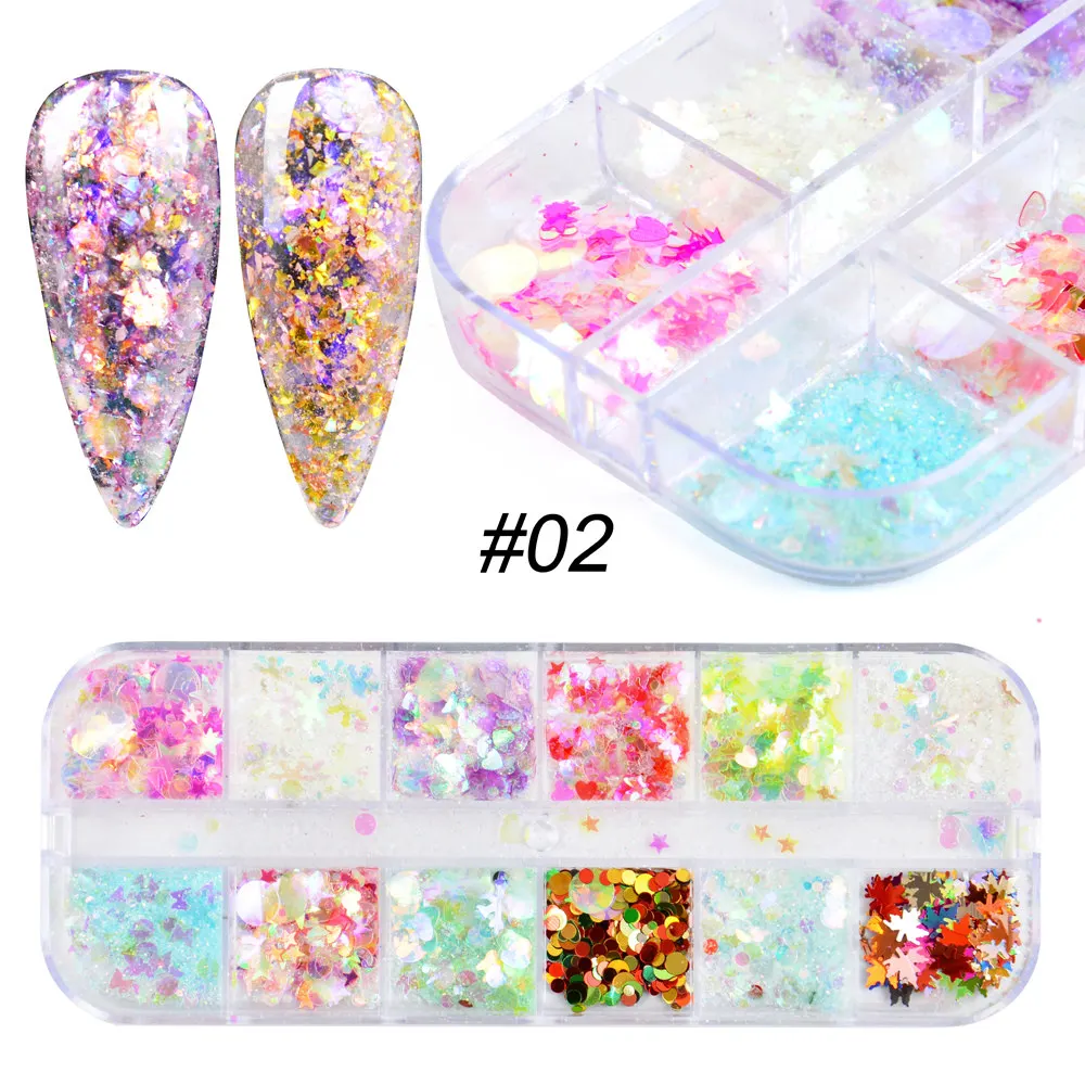 12 сетки/блеск для ногтей с пайетками смешанный зеркало/Русалка/сахар из серии
