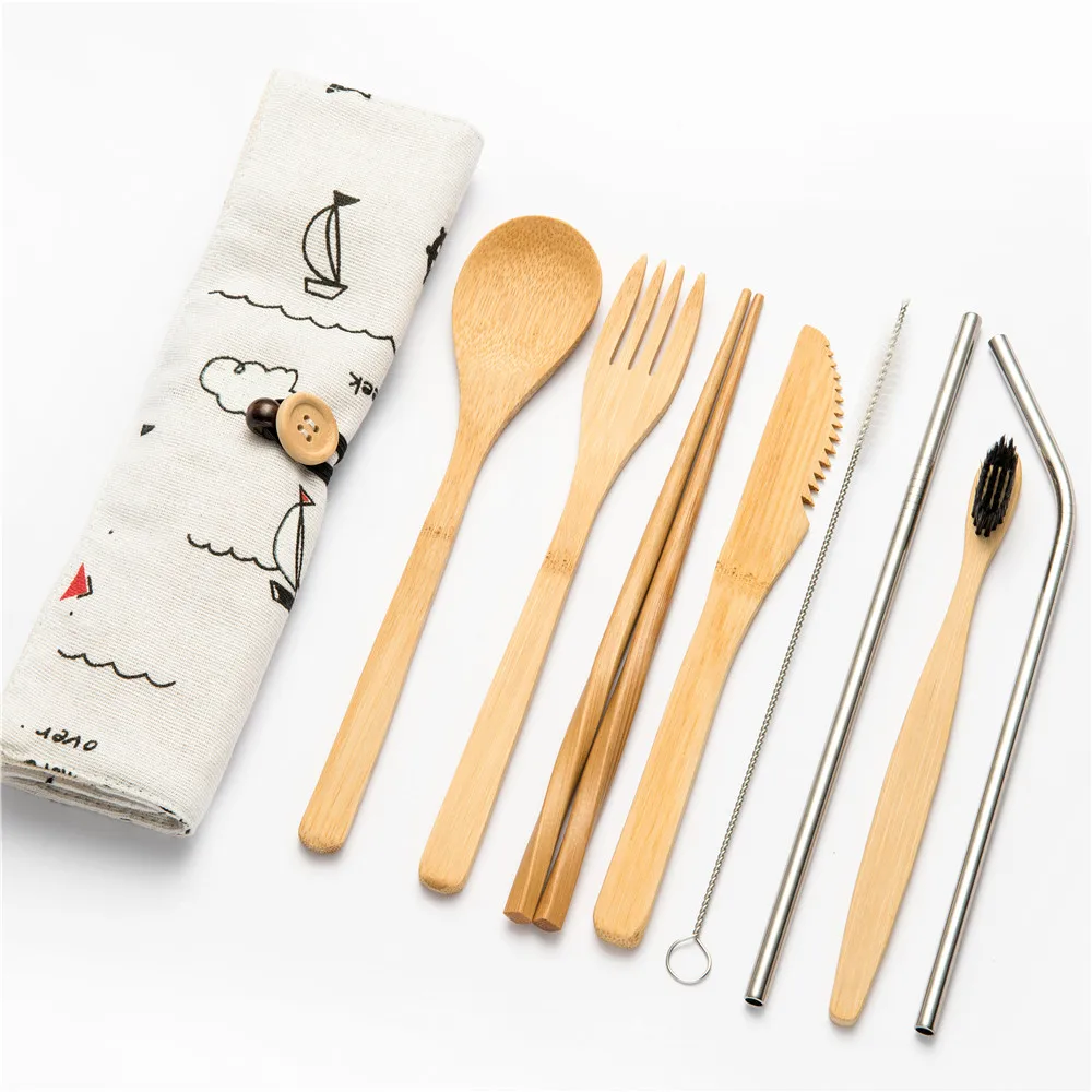 10pcs set011 Многоразовый бамбуковый кухонный набор инструментов для приготовления пищи, набор деревянных столовых приборов, вилка, резак, сумка для резки, вилка, ложка, набор ножей или набор посуды для пикника - Цвет: 10pcs set011
