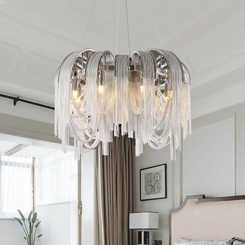 

Manggic Chandelier Luxury Aluminium Chain Italian Chain Button Lighting for Home Hotel Restaurant Lamp Vintage Aluminium Modern