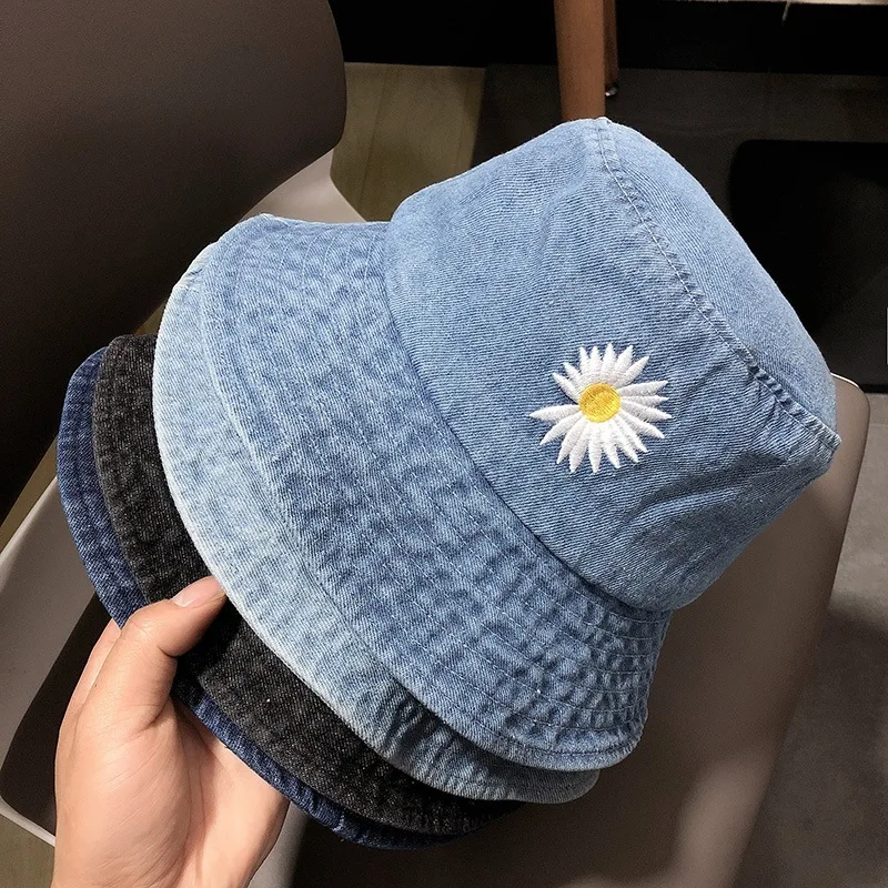 

Embroidery Daisy Bucket Hat Women Men Panama Summer Daisies Sun Hats Fashion Travel Blue Bob Denim Fisherman Cap gorros mujer