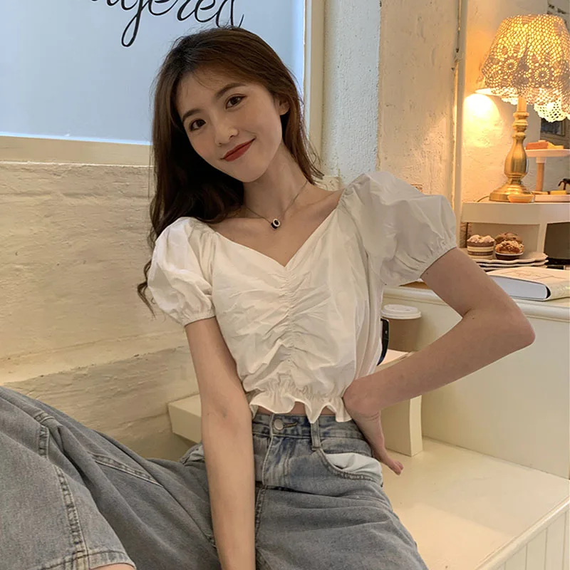 

BETHQUENOY V-neck Clothes Women Short Shirts Vintage Blouse 2021 Summer Fashion Ladies Tops Blusas Camisas Mujer Chemisier Femme