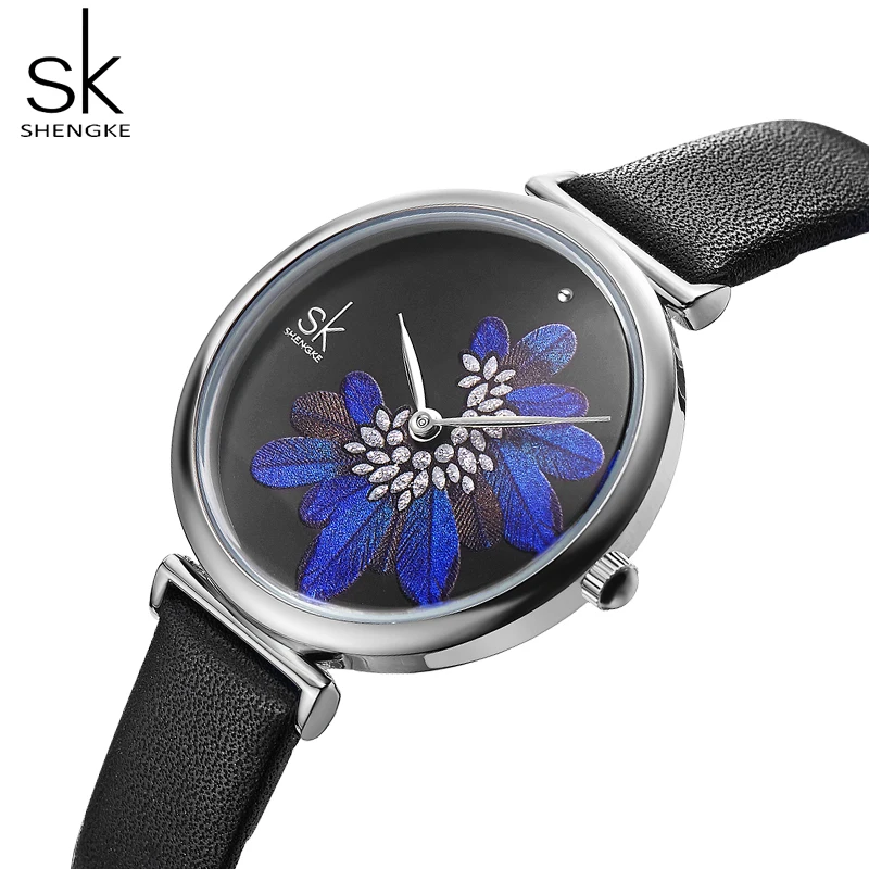 Часы наручные Shengke женские кварцевые брендовые Роскошные с кожаным ремешком