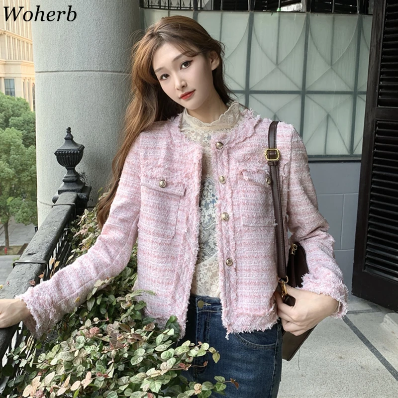 Woherb шикарные твидовые куртки осень 2021 женская одежда приталенный силуэт