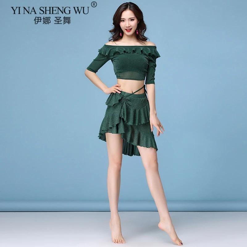 1175 Green Set Танцевальный Костюм r, Женская Блестящая одежда для танца живота, летний сексуальный топ с коротким рукавом, юбка для восточных танцев, одежда для танца живота, новая одежда - Цвет: 1175 Green Set