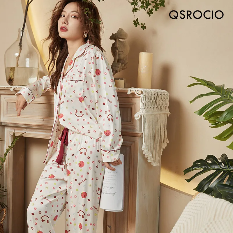 

QSROCIO High Quality Women's Pajamas Set Luxury Style Smiling Face Sleepwear Silk Like Nightie Leisure Homewear Nightwear Femme