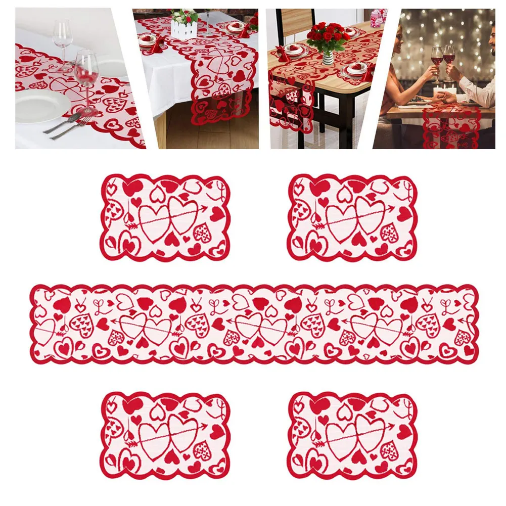 

Tablecloth Placemats Dresser Scarf Heart Table Runners Red Lace Set Valentine Ornament Festival Romantic Gifts Mothers Day 5PCS