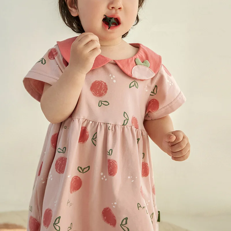 

Summer 2021 Cute Baby Girls Dress Children Short Sleeve One Piece Korean Kids Cotton Casual Pink Strawberry Dress Child Clothing