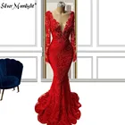 Роскошные красные вечерние платья с глубоким V-образным вырезом, Русалка, сделанное на заказ, кружевное, из бисера, Дубай, закрытое, с длинными рукавами, официальное платье, вечернее платье, Халат