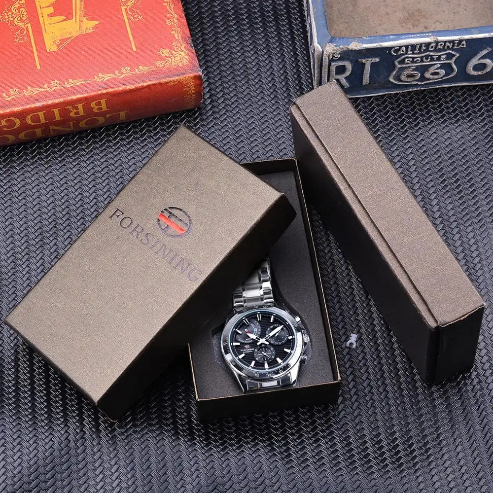Forsining Power Reserve Design Men Automatic Mechanical Watch Black Silver Stainless Steel Date Waterproof Luminous Clock | Наручные часы
