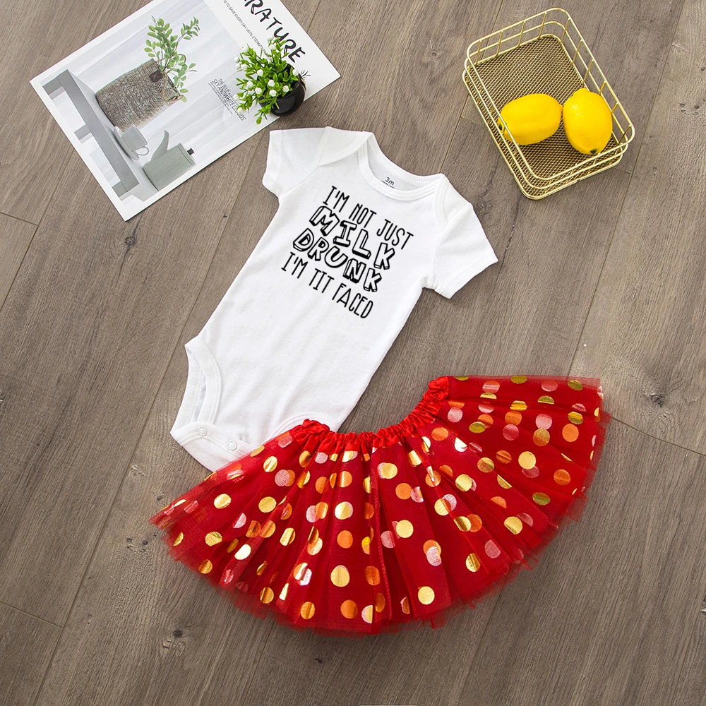 

I'm Not Milk Drunk I'm Tit Faced Funny Newborn Infant Girl 2pcs Short Sleeve Romper Tulle Tutu Skirt Lovely Clothing Set