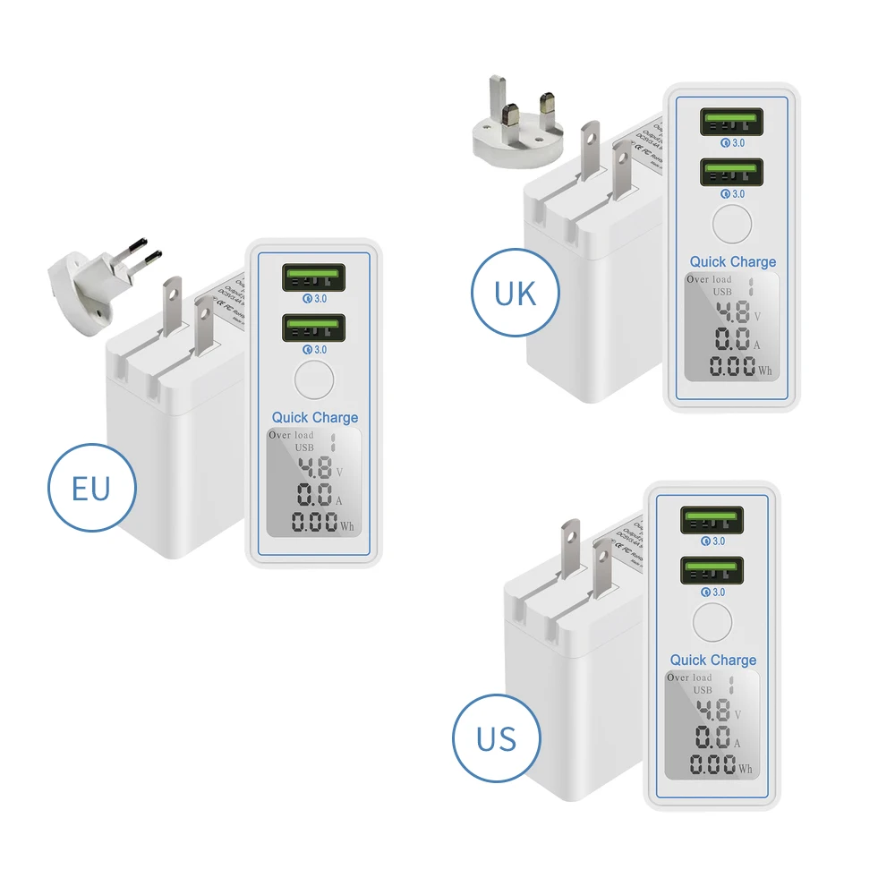 

QC3.0 Charge 2 Ports USB Mobile Phone Charger Digital Display Intelligent Universal Double Holes Quick Charge for Home/Office