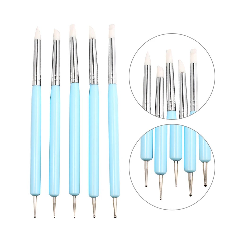 

5pcs Soft Pottery Clay Tool Silicone Stainless steel Two Head Sculpting Polymer Modelling Pottery Craft Art Silicone Brushes