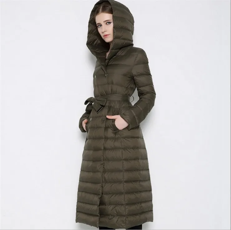 Down Trench Coat Winter White Duck Down Jacket Women Hooded Long Thick Warm Jackets Puffer Feather Female