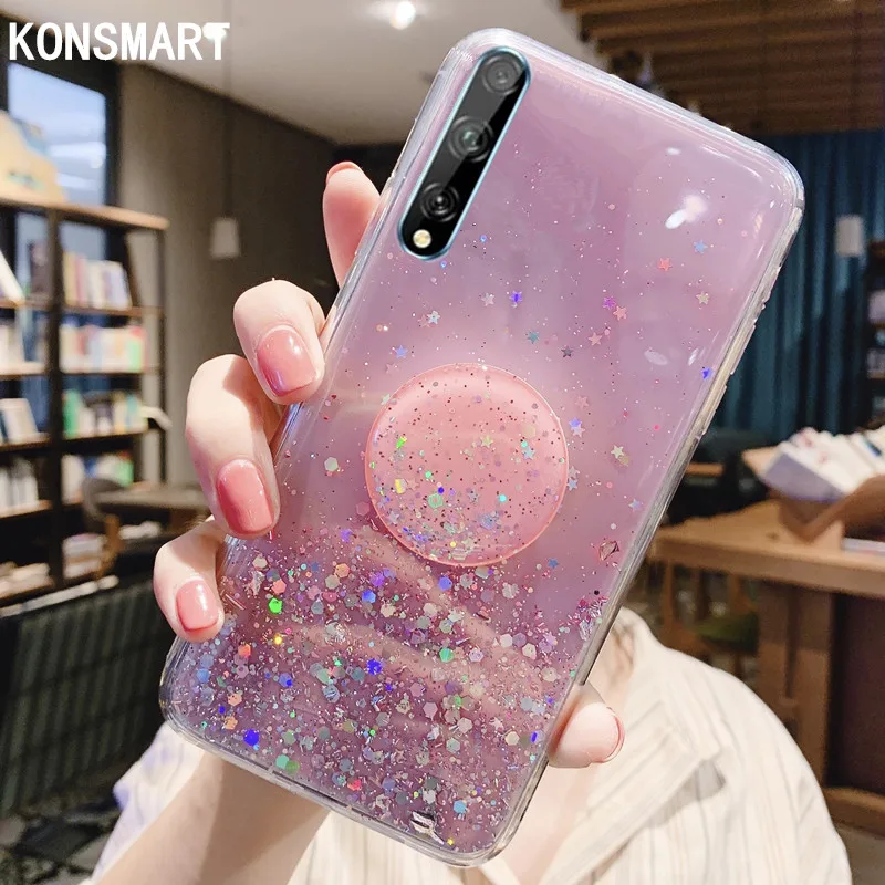 

Прозрачный мягкий чехол KONSMART с блестками для телефона Huawei Y8P 2020, новый роскошный силиконовый чехол с блестящими звездами и держателем Y8P, чех...