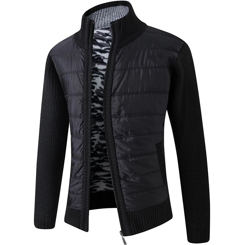 2021 Autumn Winter New High Quality Men's Spliced Stand Collar Zipper Slim Fleece Warm Long Sleeve Men's Sweater Coat