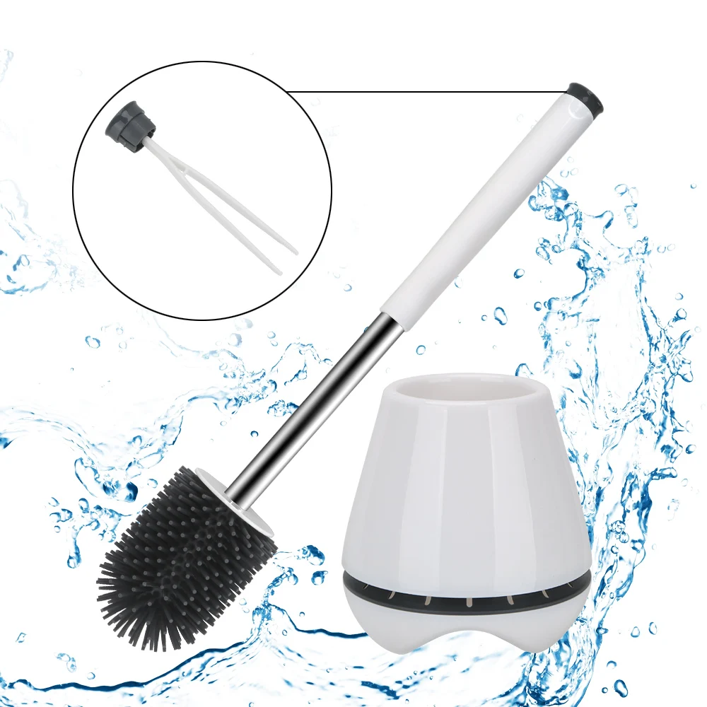 

Stainless steel long handle toilet brush soft bristles 360 no dead ends brush head cleaning brush plastic base toilet brush set