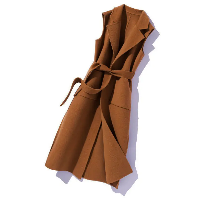 

Women's New Medium Length Sleeveless Vest belt is Thin Pure Color Young Wool Coat Vest
