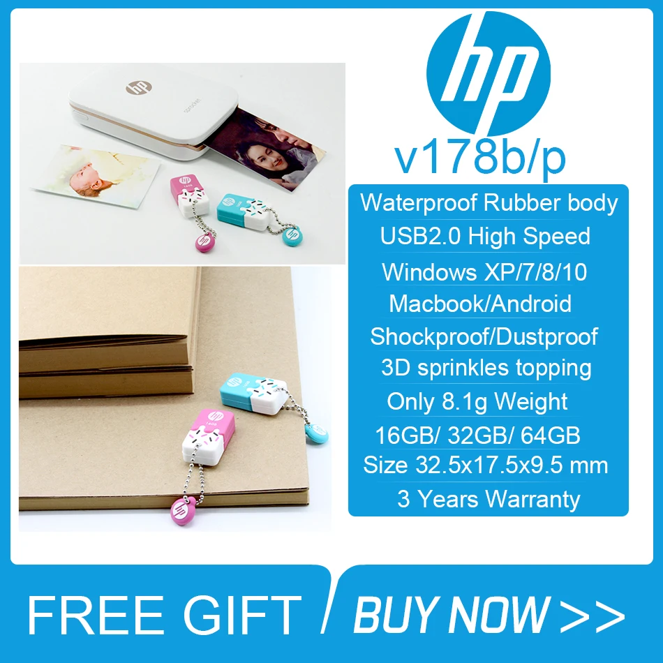 HP V178B/P Rubber USB Flash Drive waterproof OTG Pen 32gb 64gb Usb 2.0 Disk IceCream Memory Stick for car office | Компьютеры и офис