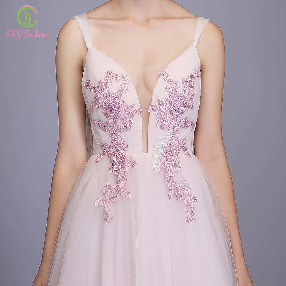 SSYFashion новые милые розовые вечерние платья романтические кружевные аппликации v-образный вырез длина до пола Длинные вечерние платья Vestido De Noche