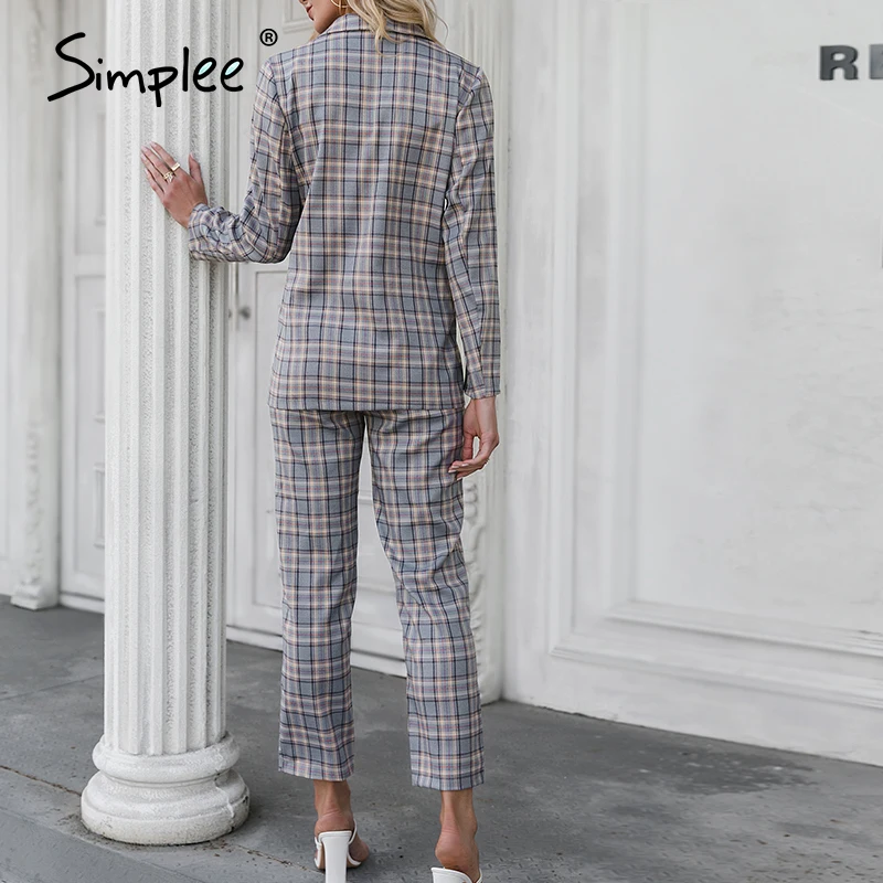 

Simplee Elegant women plaid two-piece blazer suits Long-sleeved double-breasted coat pants sets Fashion Office lady blazer suit