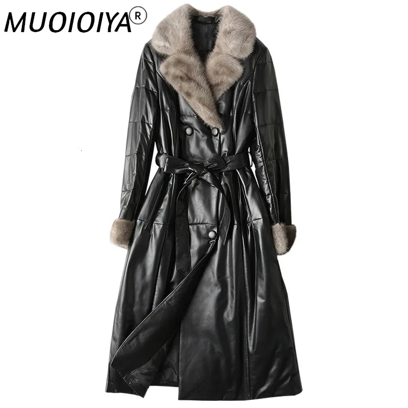 

Long Coats Woman Winter Warm Real Natural Fur Collar Double Breasted Genuine Leather Jacket Sheepskin Clothing Plus Size XXXL