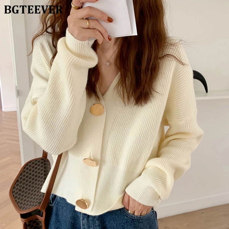 

BGTEEVER Chic V-neck Single-breasted Casual Women Knitted Cardigans 2020 Autumn Winter Full Sleeve Loose Open Stitch Sweater