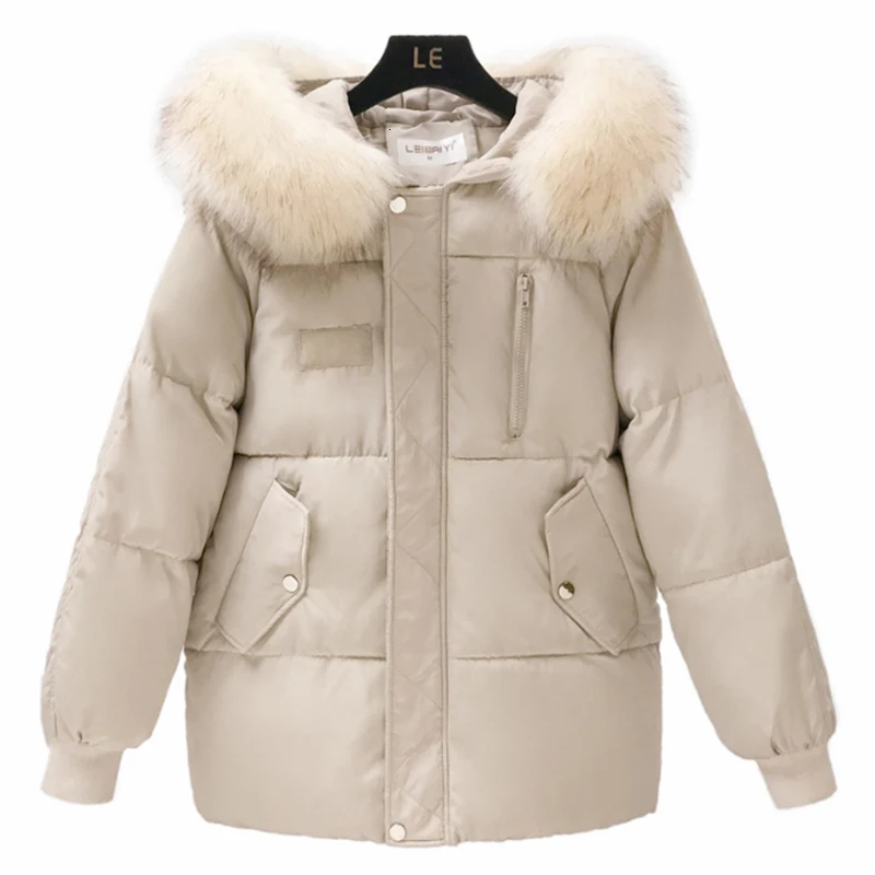 Зимняя женская куртка с мехом и капюшоном длинное пальто хлопковое толстое